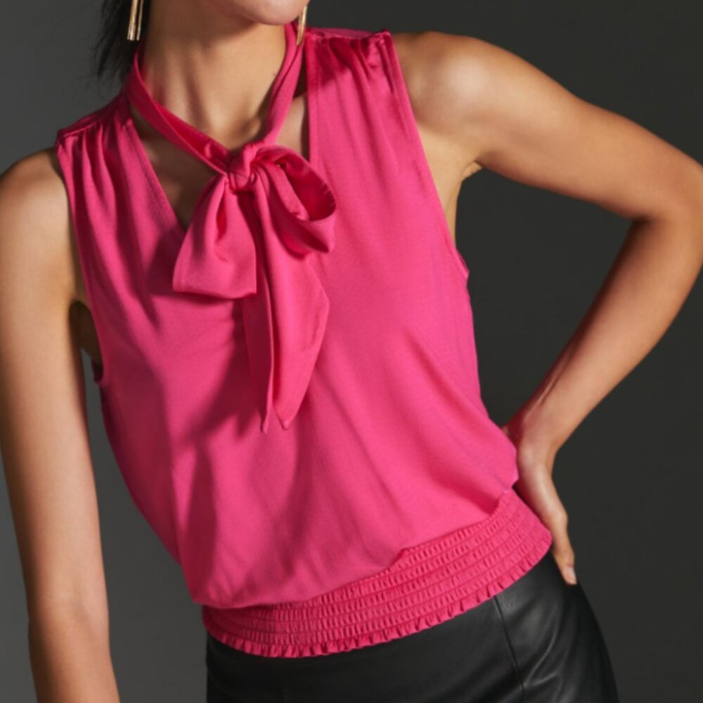 NWT Anthropologie Hot Pink Tie-Neck Blouse